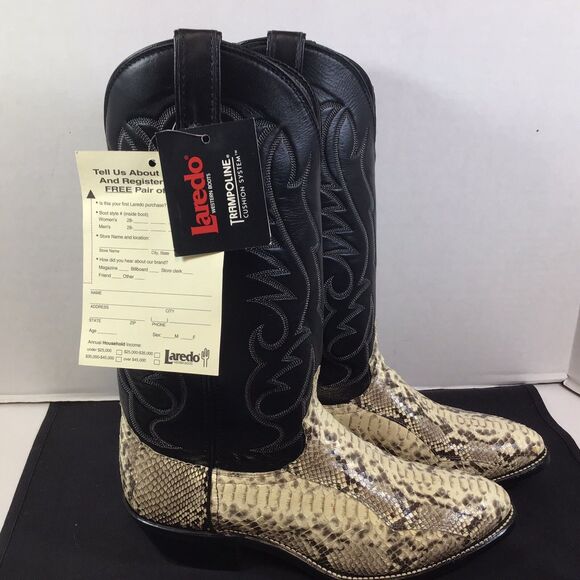 Vintage 1997 Laredo Snakeskin Western Cowboy Boots Black Tan Size 8.5 EE New - Picture 11 of 11